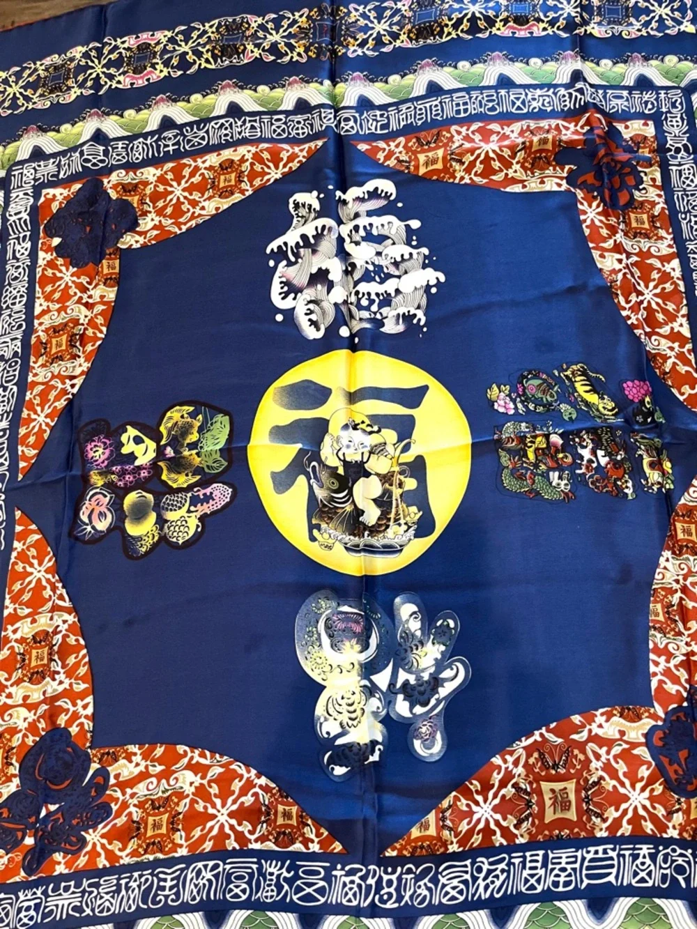 Vintage Silk Scarf Chinese Motif Beautiful colorful Silk Scarf Hand Rolled Edge